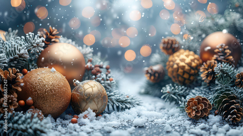 Obraz na płótnie Festive Winter Wonderland with Berry and Pine Accents Background, Card or Backdrop w salonie