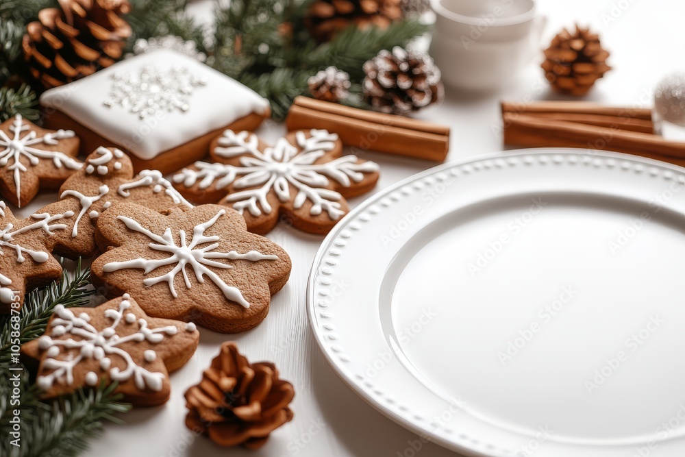 Delightful table setup featuring gingerbread cookies shaped like presents, snowflakes, and reindeer, complemented by evergreen branches and cinnamon sticks against a white background. Delightful table setup featuring gingerbread cookies shaped like presents, snowflakes, and reindeer, complemented by evergreen branches and cinnamon sticks against a white background.
