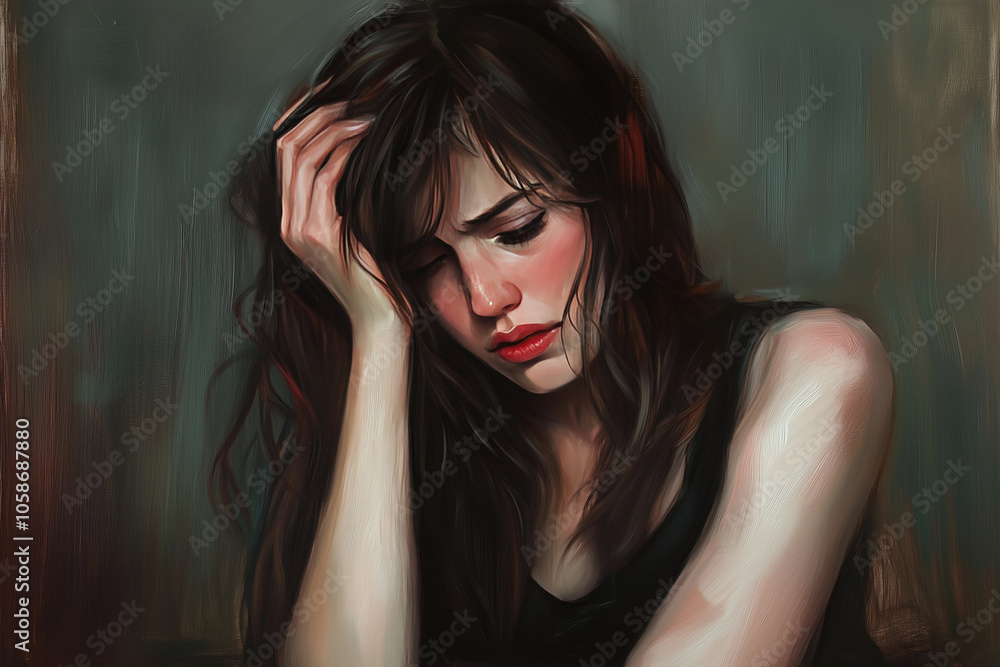 In a moment of reflection, a young woman with long, dark hair rests her hand on her forehead, conveying feelings of sadness and introspection against a muted background. Generative AI In a moment of reflection, a young woman with long, dark hair rests her hand on her forehead, conveying feelings of sadness and introspection against a muted background. Generative AI
