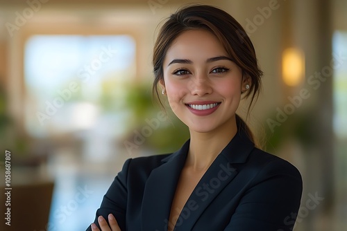 Confident Businesswoman in Black Blazer with a Warm Smile