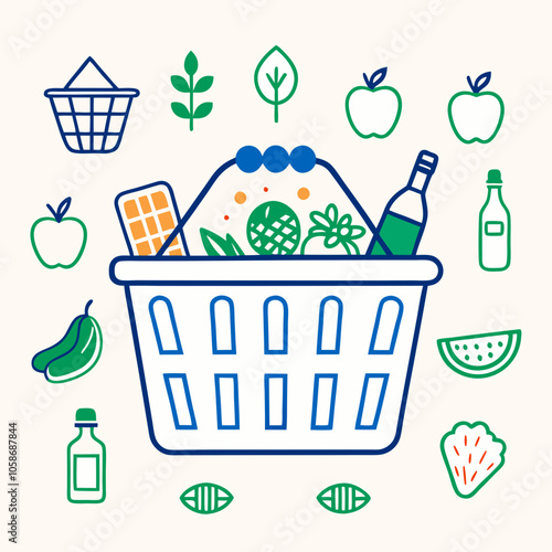 Grocery shopping cart on white. Full supermarket food basket vector illustration, shop cart with groceries goods isolated clipart