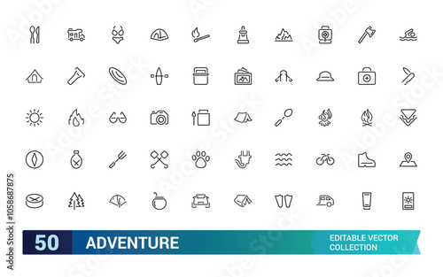 Adventure icon collection. Featuring travel, exploration, nature, hiking, backpacking, and more. Minimal line vector icons set. Vector illustration.