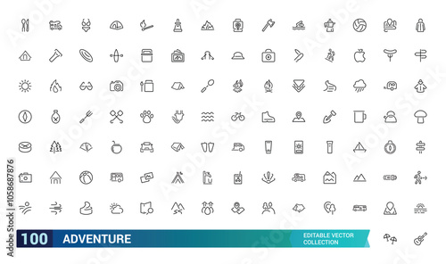 Adventure icon collection. Featuring travel, exploration, nature, hiking, backpacking, and more. Minimal line vector icons set. Vector illustration.