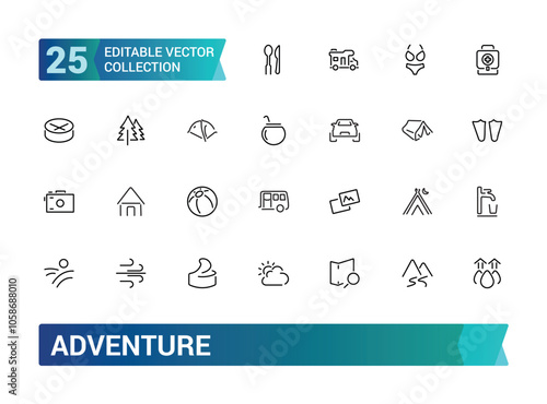 Adventure icon collection. Featuring travel, exploration, nature, hiking, backpacking, and more. Minimal line vector icons set. Vector illustration.