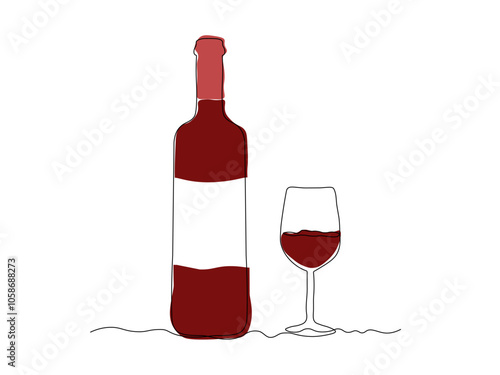 Glass bottle with wine,port, alcohol. wine glass, continuous single line art drawing sketch, logo