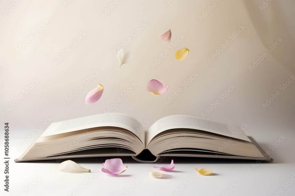 Creative image of Open Book with Flower Petals Creative image of Open Book with Flower Petals