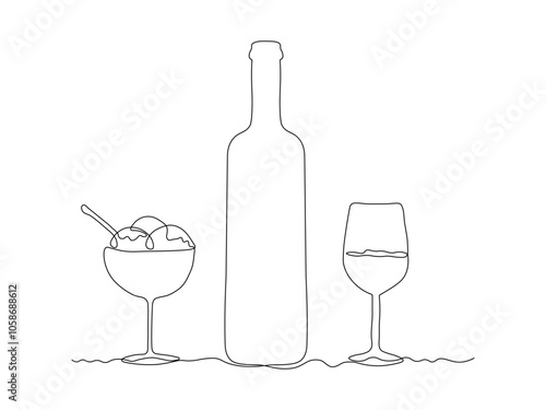 Glass bottle with wine,port, alcohol. wine glass, ice cream,dessert, continuous single line art drawing sketch, logo