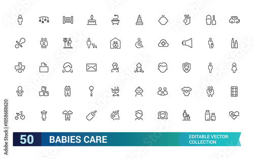 Babies care icon collection. Featuring diaper, feeding, safety, baby products, parenting, and more. Minimal line vector icons set. Vector illustration.