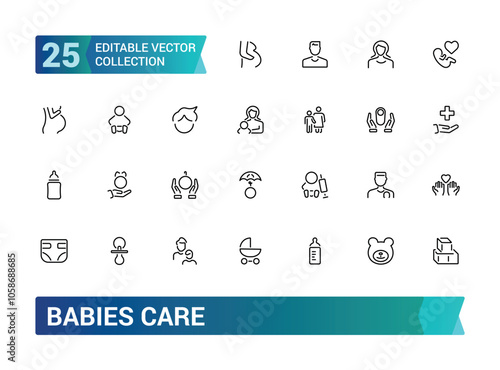 Babies care icon collection. Featuring diaper, feeding, safety, baby products, parenting, and more. Minimal line vector icons set. Vector illustration.