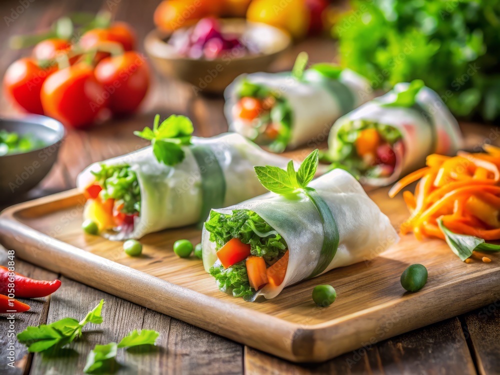Create a delightful spring roll using rice paper and vibrant fresh ingredients, captured in stunning tilt-shift photography, perfect for food lovers and culinary enthusiasts. Create a delightful spring roll using rice paper and vibrant fresh ingredients, captured in stunning tilt-shift photography, perfect for food lovers and culinary enthusiasts.