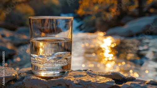 Pristine Glass of Crystal-Clear Water in Focus with Advanced Filtration Technology in the Background, Highlighting the Importance of Purified Water for Health and Wellness in Everyday Life
