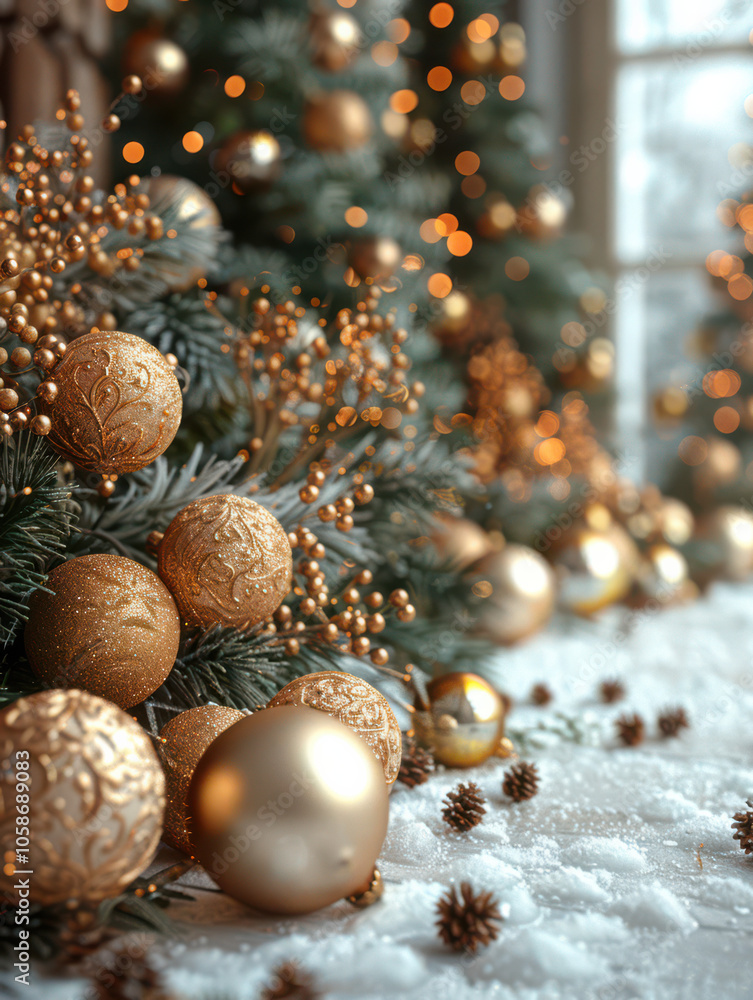 Festive Winter Wonderland with Berry and Pine Accents Background, Card or Backdrop