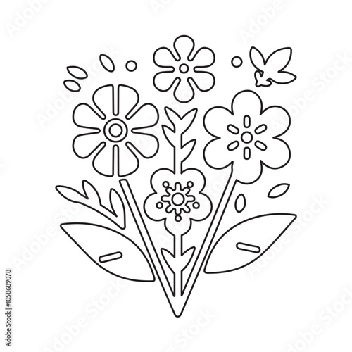 Minimalistic vector outline of flowers design for a coloring page, featuring delicate floral shapes and simple lines for an elegant, relaxing coloring experience. Perfect for adults and kids alike.