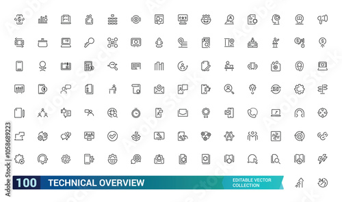 Technical Overview vector line icon set. Containing tech, line, cog, lens, overview, thin. Simple icon designs. Editable vector illustration.