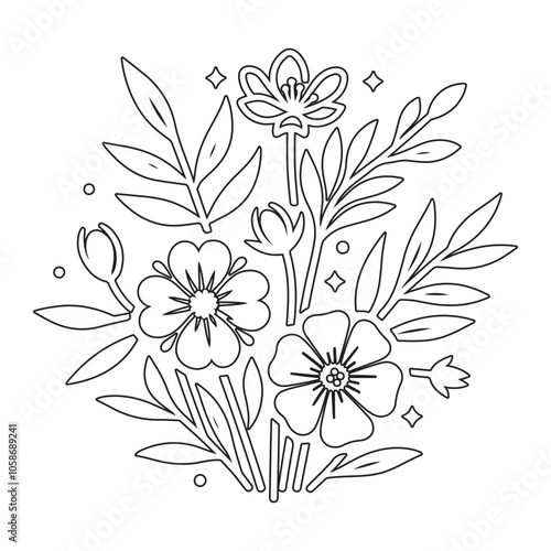 Minimalistic vector outline of flowers design for a coloring page, featuring delicate floral shapes and simple lines for an elegant, relaxing coloring experience. Perfect for adults and kids alike.