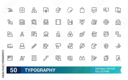 Typography icon set. Containing font, letters, alphabet, text, design, typesetting, layout, format, and more. Line vector icons collection. Vector illustration.