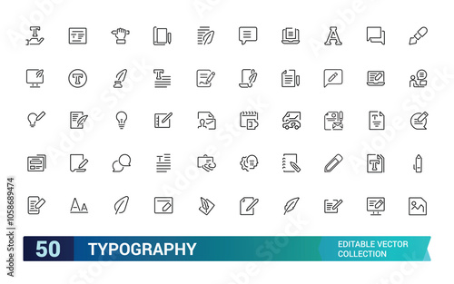 Typography icon set. Containing font, letters, alphabet, text, design, typesetting, layout, format, and more. Line vector icons collection. Vector illustration.