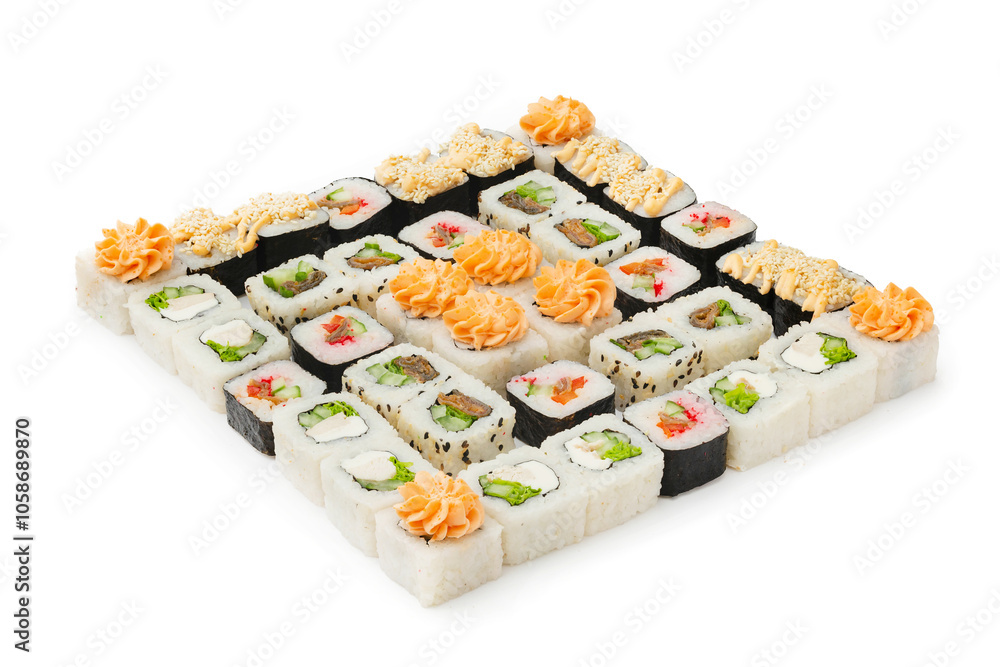 Assorted, set of Japanese rolls, sushi with fish and cream cheese. On a white background. isolated. Assorted, set of Japanese rolls, sushi with fish and cream cheese. On a white background. isolated.