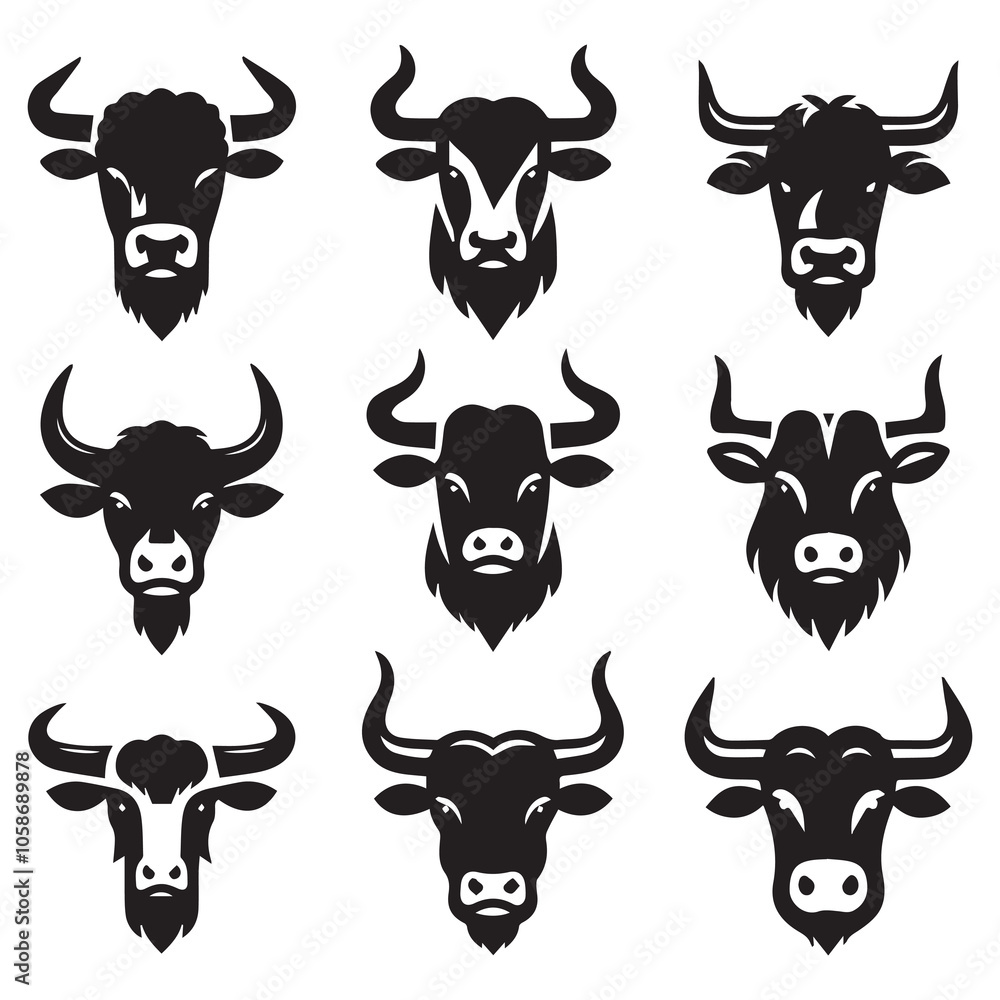 Set of Bull Head Illustrations in Black and White, Vector Graphic of Bull and Ox Heads with Horns, Farm Animal Icons for Logo and Tattoo Design
ai generated Set of Bull Head Illustrations in Black and White, Vector Graphic of Bull and Ox Heads with Horns, Farm Animal Icons for Logo and Tattoo Design
ai generated