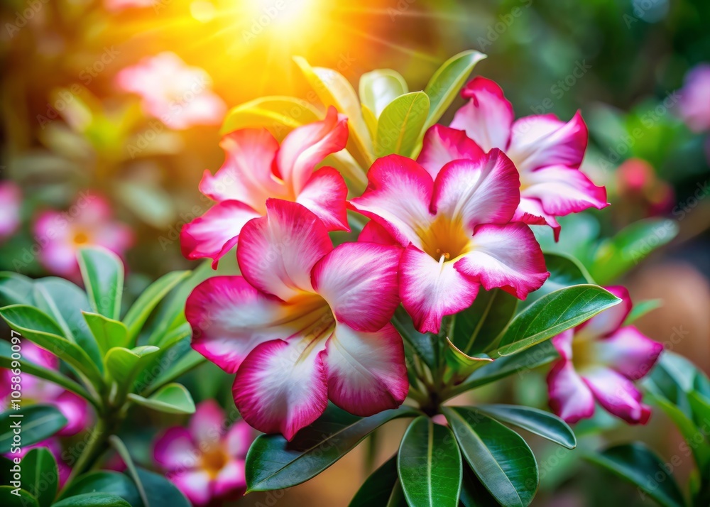Beautiful Blooming Adenium with Vibrant Pink and White Petals in a Lush Garden Close-Up of Stunning Adenium Flowers in Full Bloom Beautiful Blooming Adenium with Vibrant Pink and White Petals in a Lush Garden Close-Up of Stunning Adenium Flowers in Full Bloom