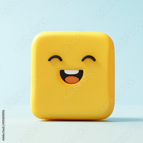 Cheerful Yellow Cube with a Smiling Face on a Light Blue Background