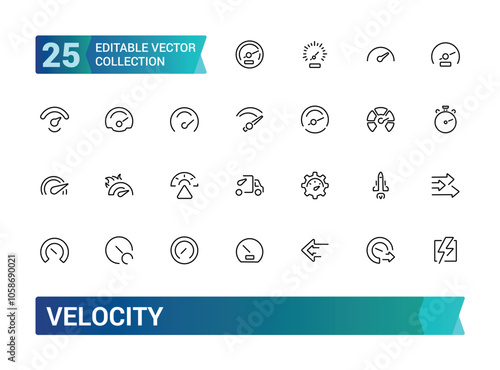 Velocity icon set. Containing speed, acceleration, momentum, rate, force, motion, velocity, physics, and more. Line vector icons collection. Vector illustration.