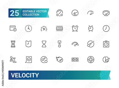 Velocity icon set. Containing speed, acceleration, momentum, rate, force, motion, velocity, physics, and more. Line vector icons collection. Vector illustration.