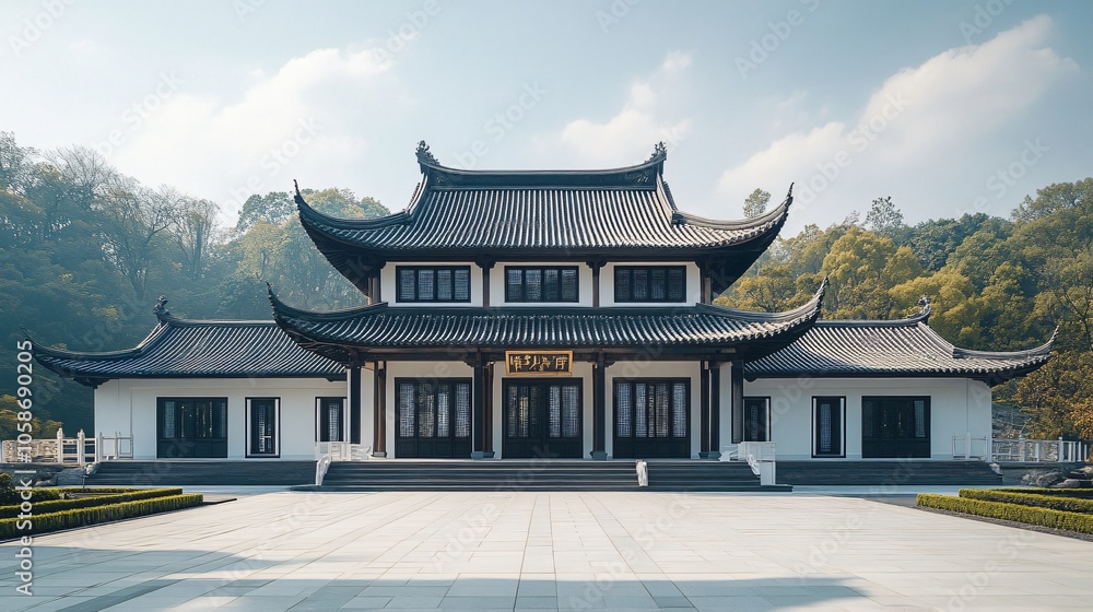 Fototapeta premium Traditional Chinese Architecture with Platform, Road, and Parking Area on Brick Surface for Automotive Advertisement Featuring Blank Background