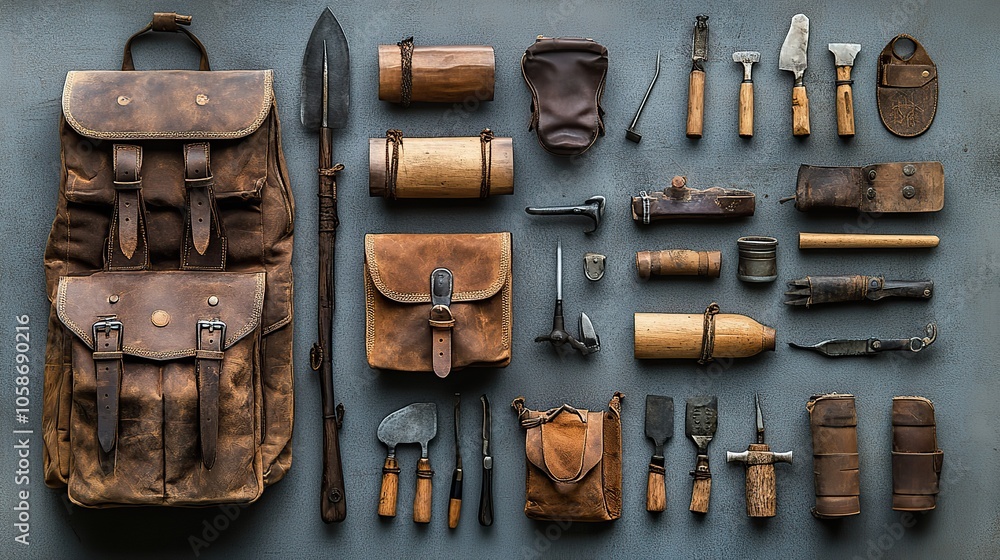 Bushcraft tools and gear essential for wilderness survival displayed Bushcraft tools and gear essential for wilderness survival displayed