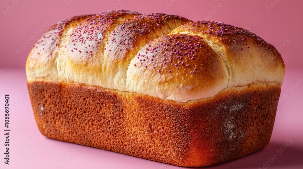 A loaf of bread topped with colorful sprinkles on a pink background. A loaf of bread topped with colorful sprinkles on a pink background.