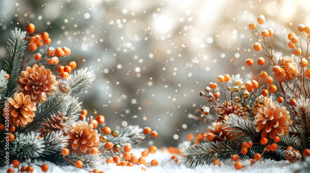 Festive Winter Wonderland with Berry and Pine Accents Background, Card or Backdrop