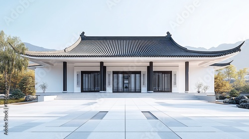 Traditional Chinese Architecture with Platform, Road, and Parking Area on Brick Surface for Automotive Advertisement Featuring Blank Background photo