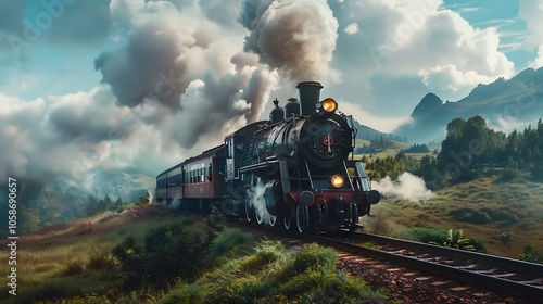 An old-fashioned steam train releasing clouds of smoke as it travels down the tracks through a lush green landscape.