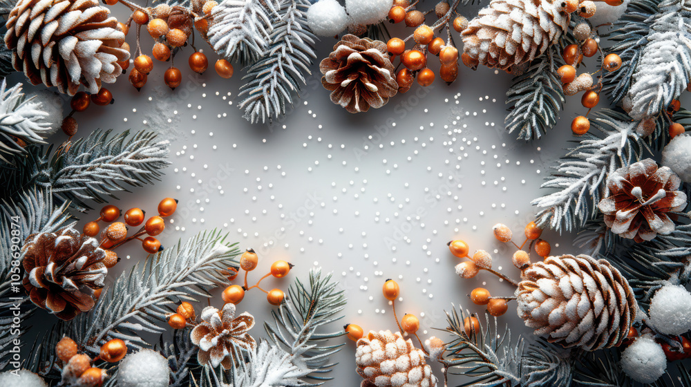 Festive Winter Wonderland with Berry and Pine Accents Background, Card or Backdrop