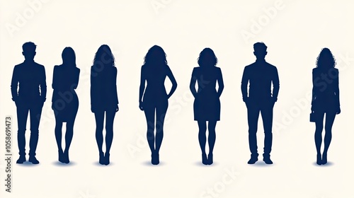 Businesspeople standing in blue silhouette icon set, arranged simply against white background photo