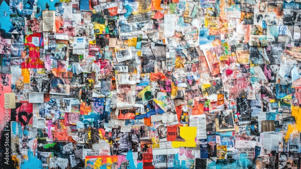 A wall covered in colorful, overlapping posters and flyers. A wall covered in colorful, overlapping posters and flyers.