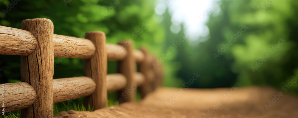Obraz premium Wooden fence along a path in a lush green forest, dappled sunlight filtering through the trees, creating a peaceful, natural atmosphere.