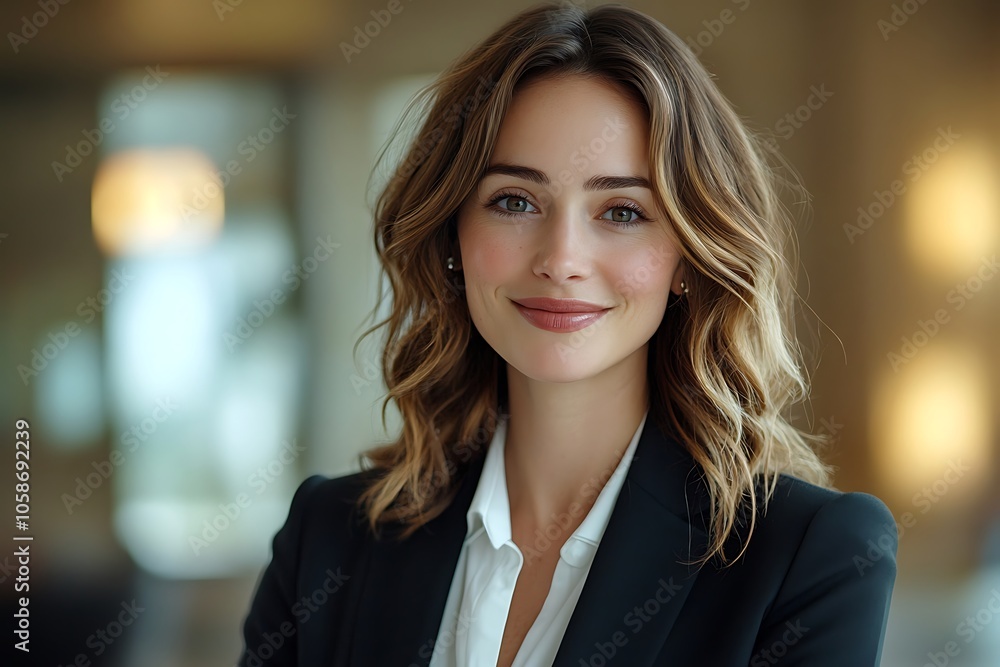 Naklejka premium Confident Businesswoman in Black Blazer, Smiling Portrait