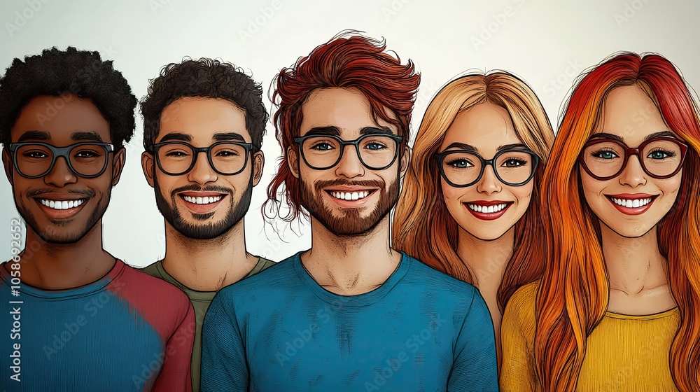 Cartoon illustration of men and women with different hair colors and skin tones, smiling together Cartoon illustration of men and women with different hair colors and skin tones, smiling together