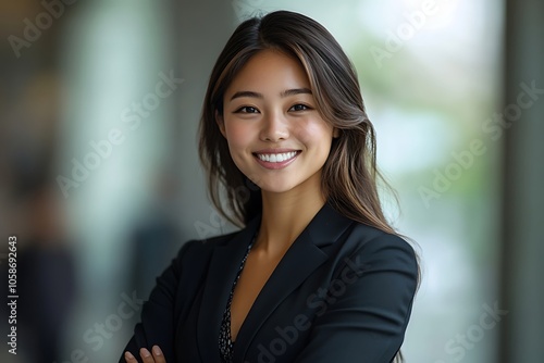 Confident Businesswoman in Black Suit and White Blouse Smiling