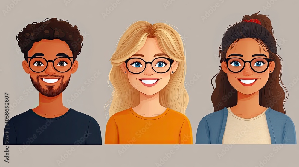 Cartoon illustration of smiling people from diverse ethnicities, blond-haired and blue-eyed Cartoon illustration of smiling people from diverse ethnicities, blond-haired and blue-eyed