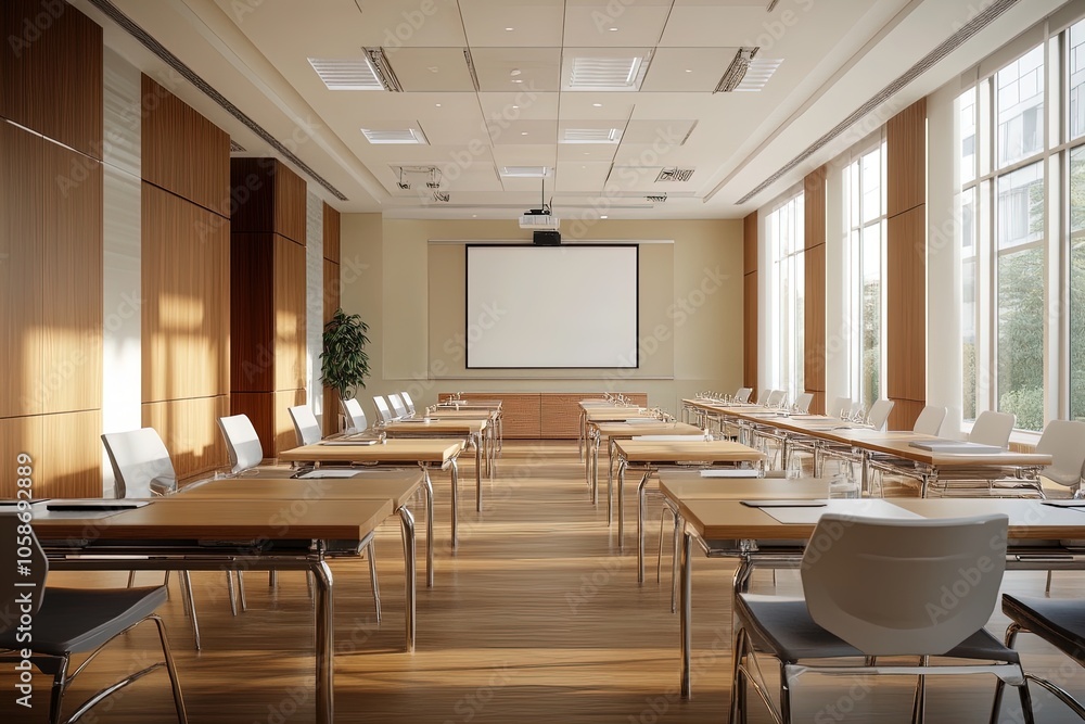 Modern Conference Room Arranged for a Corporate Meeting With Natural Light and Presentation Screen in Mid-Morning Modern Conference Room Arranged for a Corporate Meeting With Natural Light and Presentation Screen in Mid-Morning