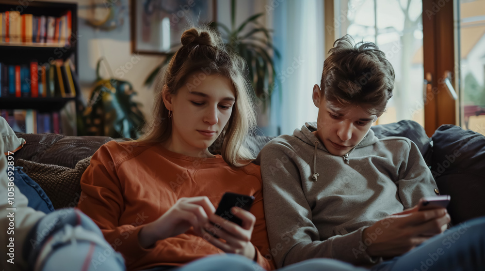 Ordinary family scene with a mom and teen looking at the son�s phone while sitting on the sofa at home. Ordinary family scene with a mom and teen looking at the son�s phone while sitting on the sofa at home.