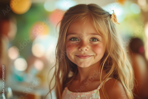 A young girl with blonde hair and blue eyes is smiling at the camera