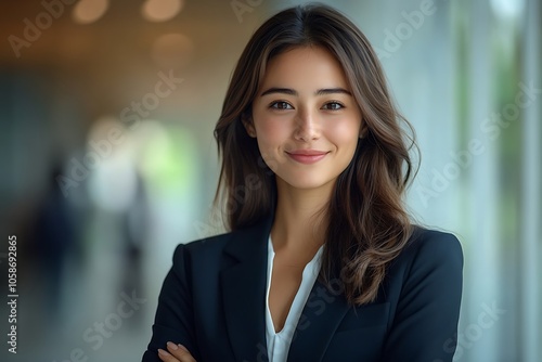 Confident Businesswoman in Black Suit and White Shirt Headshot