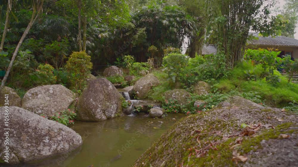 Shot of rocky stones on stream of lake in Japanese Garden in Malaysia with lush green foliage at background. Shot of rocky stones on stream of lake in Japanese Garden in Malaysia with lush green foliage at background.