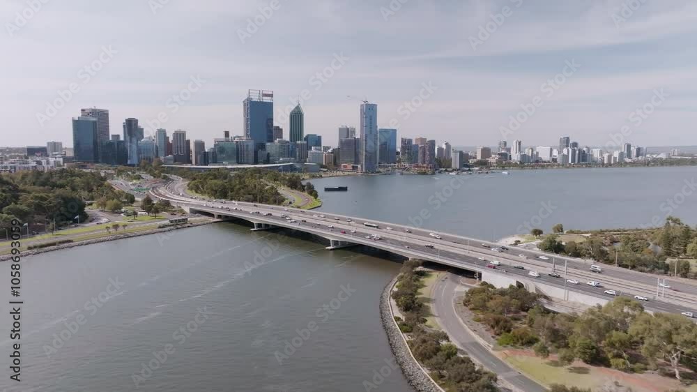 Aerial with Perth City skyline and highway Aerial with Perth City skyline and highway