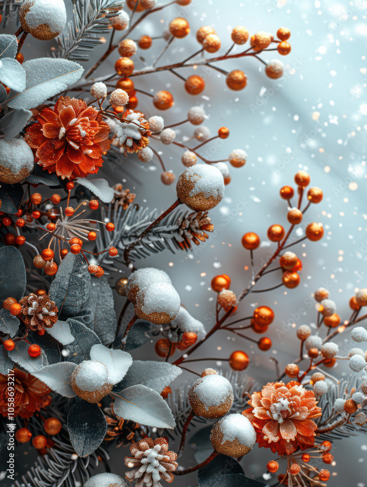 Festive Winter Wonderland with Berry and Pine Accents Background, Card or Backdrop