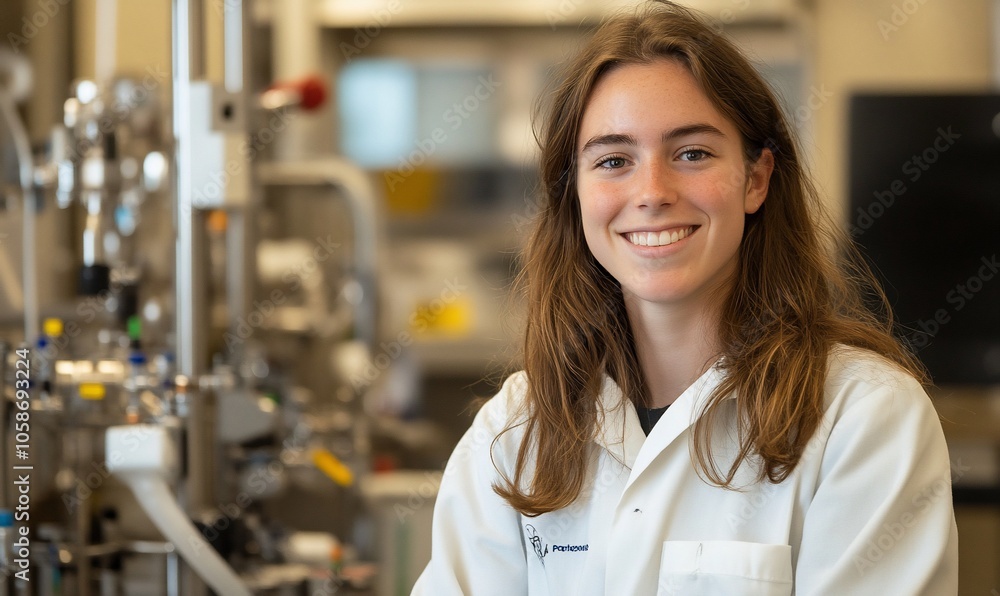 A young female scientist smiles confidently in a lab setting. A young female scientist smiles confidently in a lab setting.
