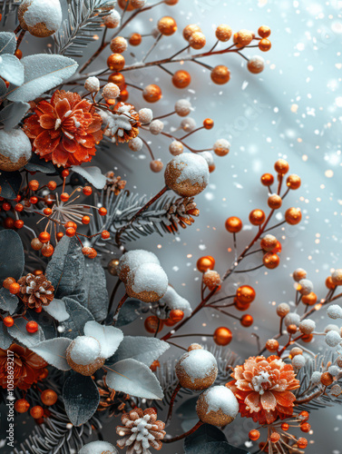 Obraz na płótnie Festive Winter Wonderland with Berry and Pine Accents Background, Card or Backdrop w salonie
